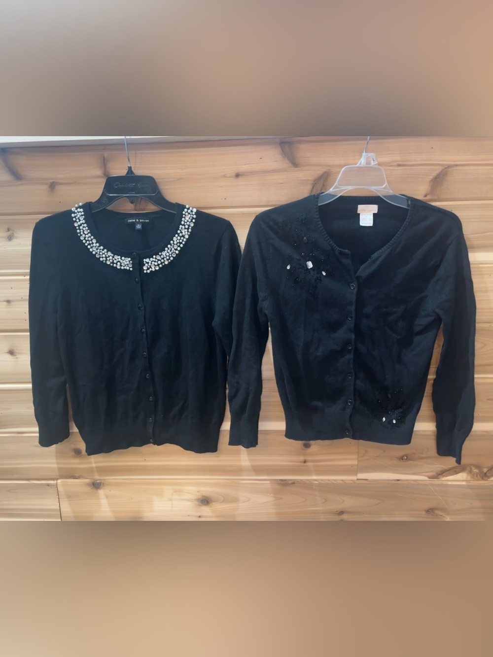 Set of 2 Black Embellished Crewneck Cardigan Sweaters